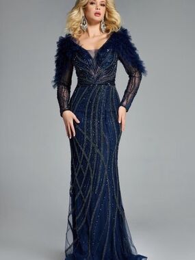 Mother of the Bride/Groom Navy Beaded Long Sleeve Tulle-Shoulder Gown